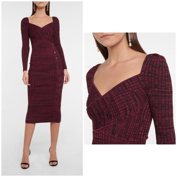 NWT SELF-PORTRAIT Sweetheart-Neck Ribbed-Jersey Midi Dress Red & Black Small - Picture 7 of 12